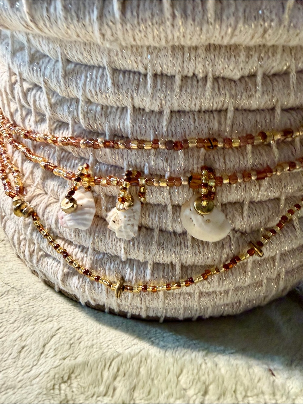 Handmade Art Coiled Basket  with Lid and embellishments of beading and shells - Picture 2 of 15